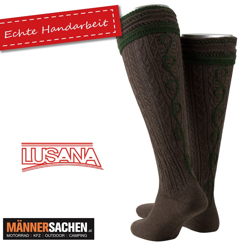 TRACHTENSOCKE Kniestrumpf Handstrick-Optik mit Ranke u. Umschlag in m.braun / tanne